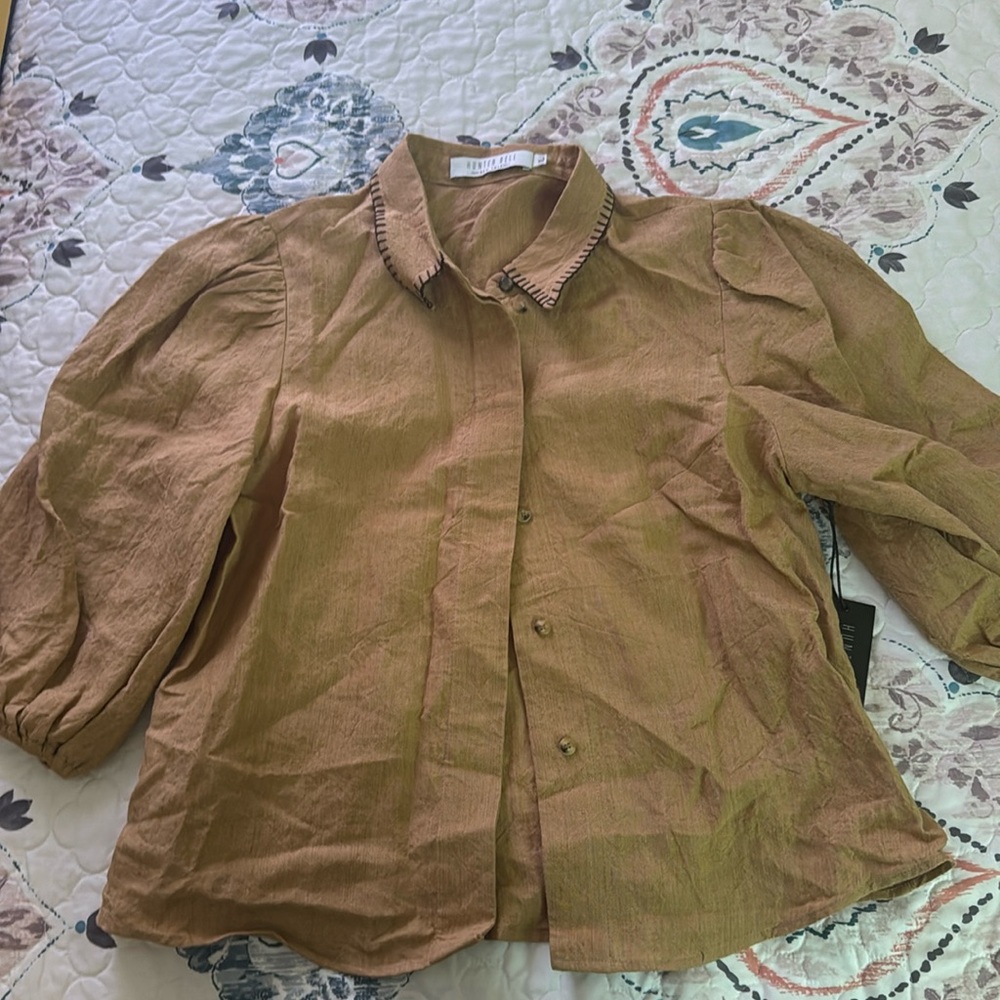 Hunter Bell Puff Sleeve Button Down Shirt Yellow Mustard size Large